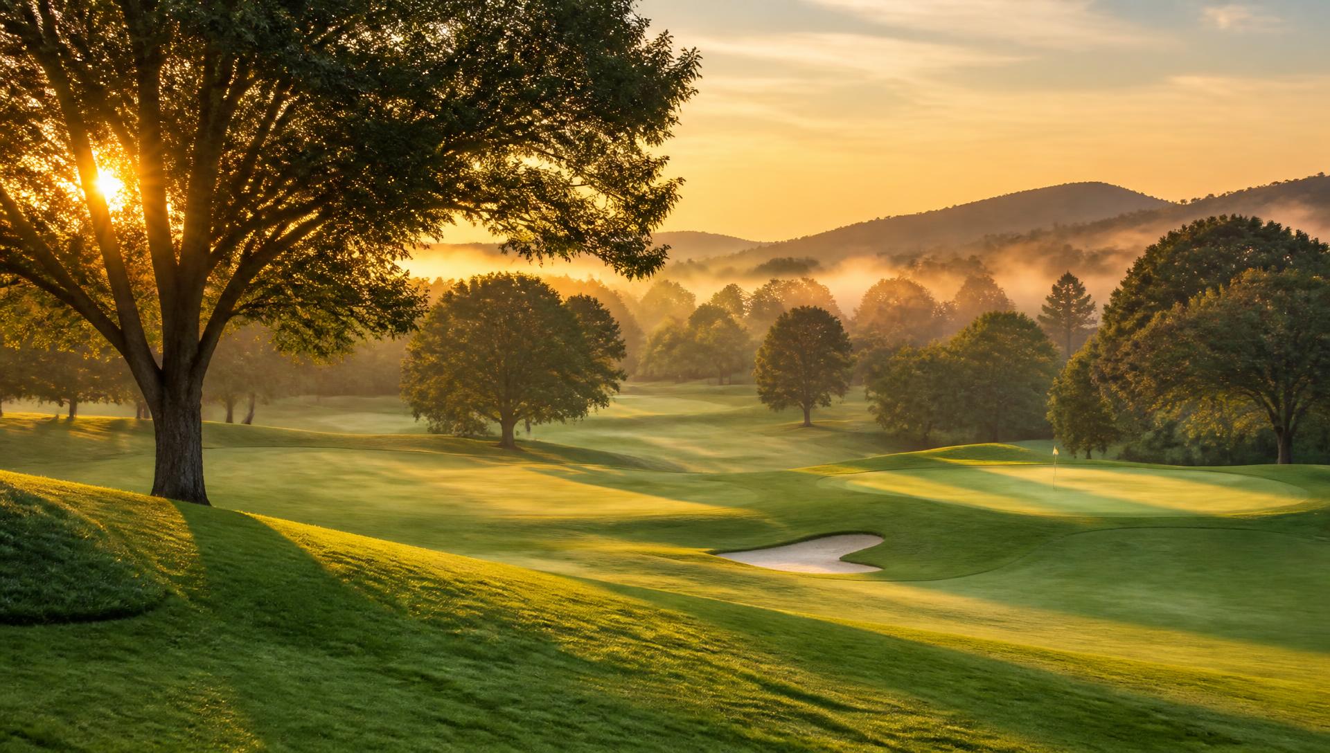 Sunrise over a rolling golf course fairway